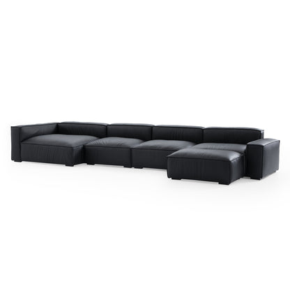 Luxury Minimalist Black Leather Sectional and Ottoman-Black-185.0"-Facing Left