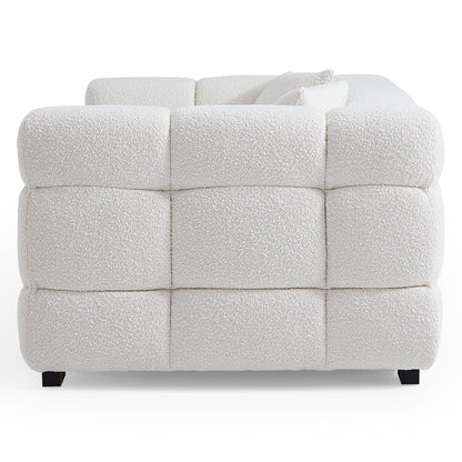 Cushy Cream Boucle Fabric Tufted Sofa With Ottoman-White