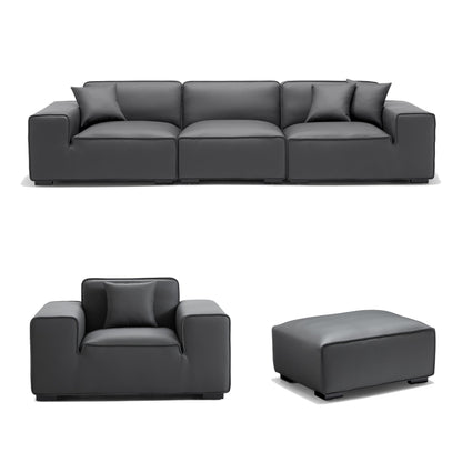 Domus Modular Black Leather Sofa Set-Dark Gray-129.9″