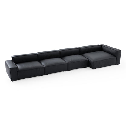 Luxury Minimalist Black Leather Sectional-Black-185.0"-Facing Right