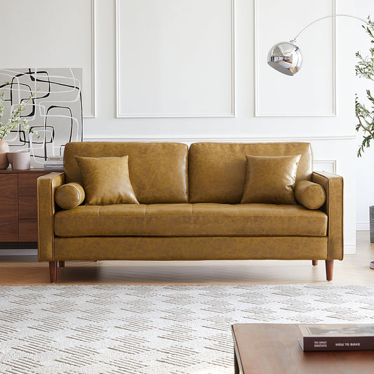 Mid-Century Modern Retro Tan Leather Loveseat-Tan-86.6″