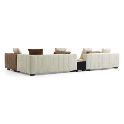 Piano L Shaped Leather Sectional Sofa with Coffee Table-Beige & Brown