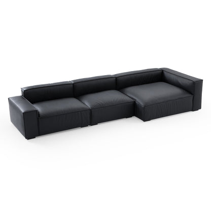 Luxury Minimalist Black Leather Sectional-Black-145.7"-Facing Right