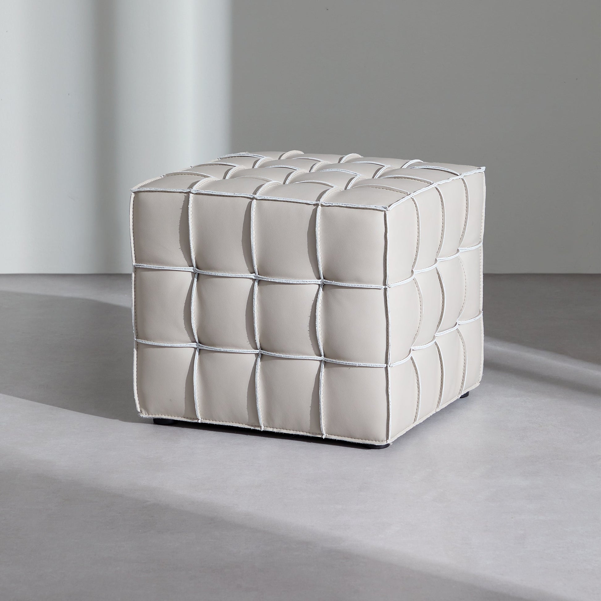 Monarch Leather Tufted Cube Pouf-Beige