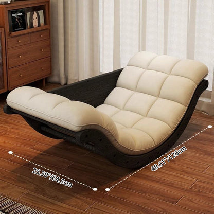Contemporary Nordic Faux Leather Cotton-Linen & Wood Moon Boat Rocking Chair Recliner With Backrest For Living Room & Bedroom
