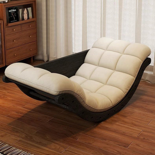Contemporary Nordic Faux Leather Cotton-Linen & Wood Moon Boat Rocking Chair Recliner With Backrest For Living Room & Bedroom