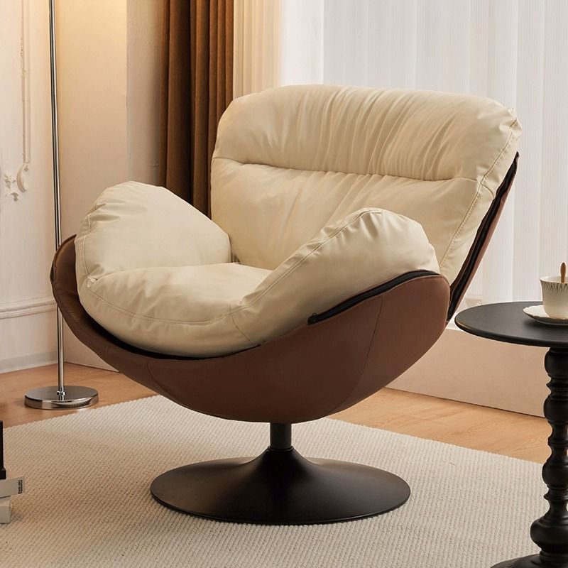 Contemporary Nordic Cat-Scratch Leather Metal Curved Round-Base Swivel Lounge Chair With Backrest For Living Room