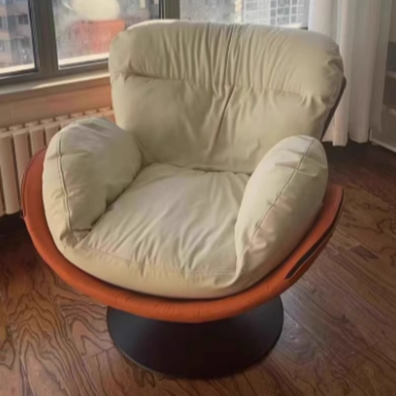 Contemporary Nordic Cat-Scratch Leather Metal Curved Round-Base Swivel Lounge Chair With Backrest For Living Room