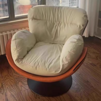 Contemporary Nordic Cat-Scratch Leather Metal Curved Round-Base Swivel Lounge Chair With Backrest For Living Room