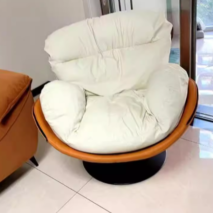 Contemporary Nordic Cat-Scratch Leather Metal Curved Round-Base Swivel Lounge Chair With Backrest For Living Room