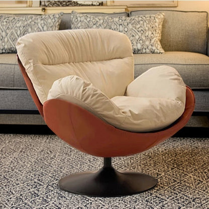 Contemporary Nordic Cat-Scratch Leather Metal Curved Round-Base Swivel Lounge Chair With Backrest For Living Room