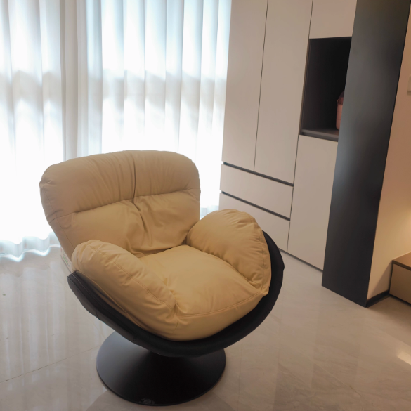 Contemporary Nordic Cat-Scratch Leather Metal Curved Round-Base Swivel Lounge Chair With Backrest For Living Room