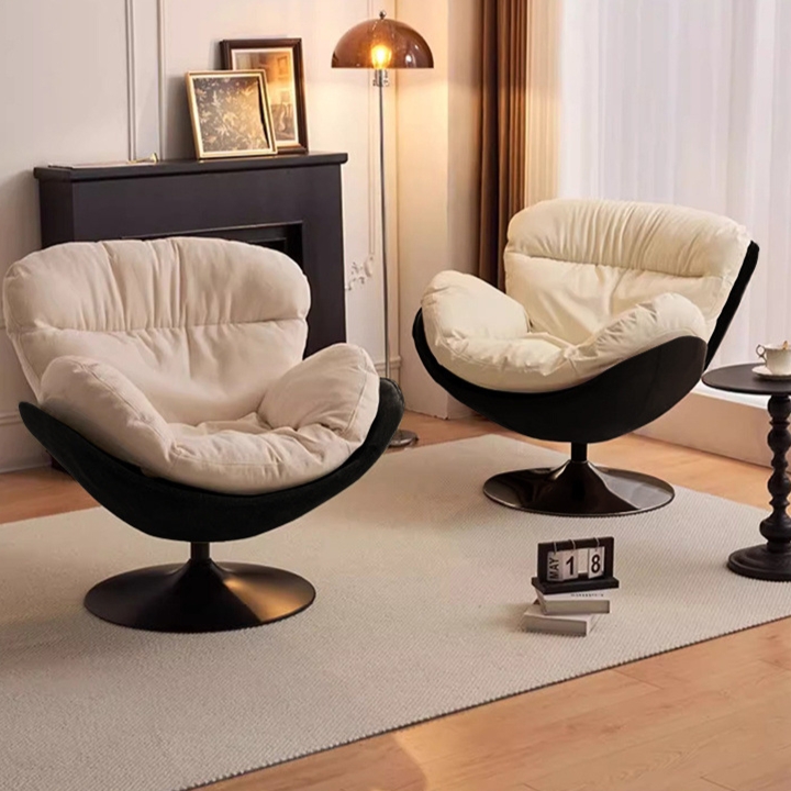 Contemporary Nordic Cat-Scratch Leather Metal Curved Round-Base Swivel Lounge Chair With Backrest For Living Room