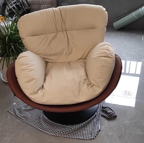 Contemporary Nordic Cat-Scratch Leather Metal Curved Round-Base Swivel Lounge Chair With Backrest For Living Room