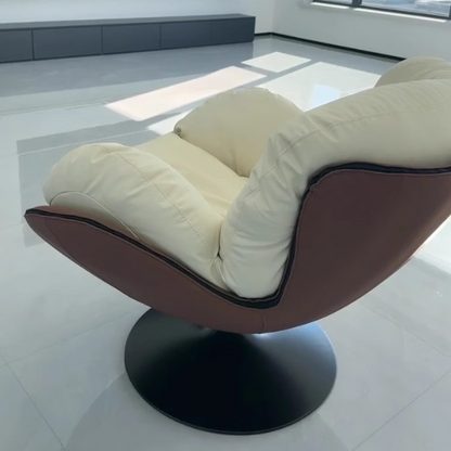 Contemporary Nordic Cat-Scratch Leather Metal Curved Round-Base Swivel Lounge Chair With Backrest For Living Room