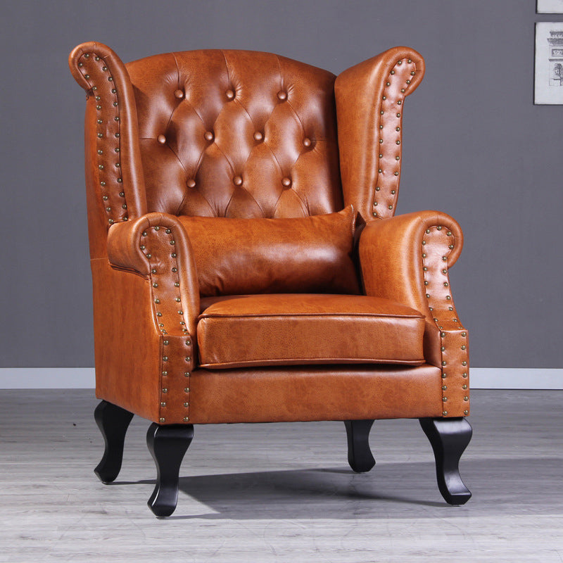 Traditional Vintage Rectangular PU Leather Suede Fabric Solid Wood Accent Chair Backrest Armrest For Living Room