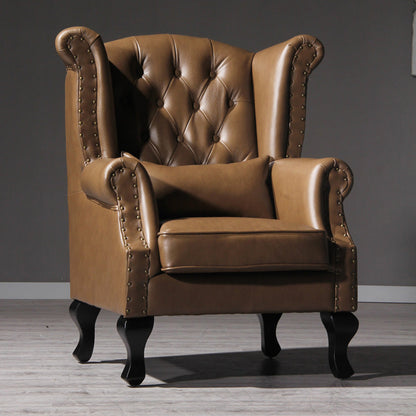 Traditional Vintage Rectangular PU Leather Suede Fabric Solid Wood Accent Chair Backrest Armrest For Living Room