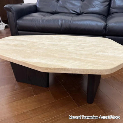 Traditional Japanese Irregular Oval Stone Slab Natural Travertine Solid Wood Coffee Table For Living Room