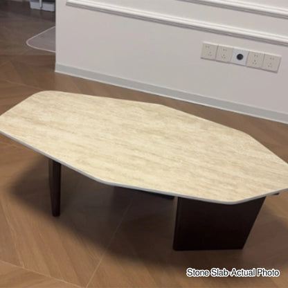 Traditional Japanese Irregular Oval Stone Slab Natural Travertine Solid Wood Coffee Table For Living Room