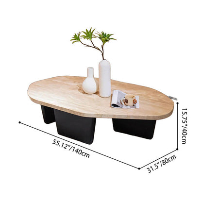 Traditional Japanese Irregular Oval Stone Slab Natural Travertine Solid Wood Coffee Table For Living Room