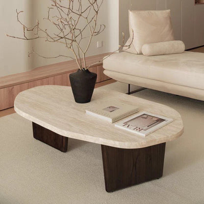 Traditional Japanese Irregular Oval Stone Slab Natural Travertine Solid Wood Coffee Table For Living Room