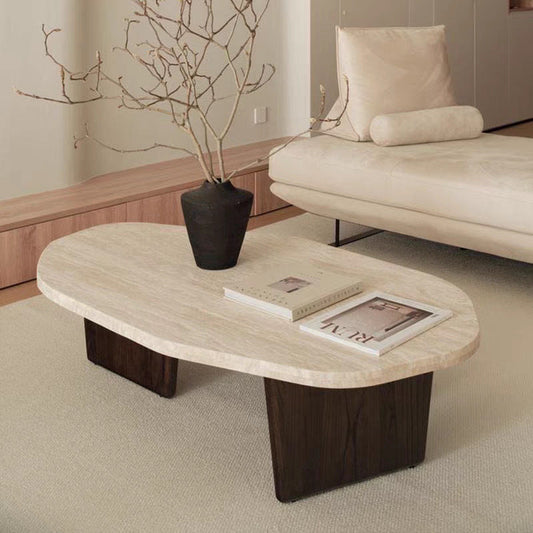 Traditional Japanese Irregular Oval Stone Slab Natural Travertine Solid Wood Coffee Table For Living Room
