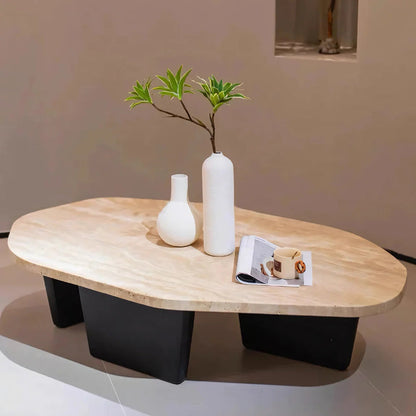 Traditional Japanese Irregular Oval Stone Slab Natural Travertine Solid Wood Coffee Table For Living Room