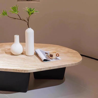 Traditional Japanese Irregular Oval Stone Slab Natural Travertine Solid Wood Coffee Table For Living Room