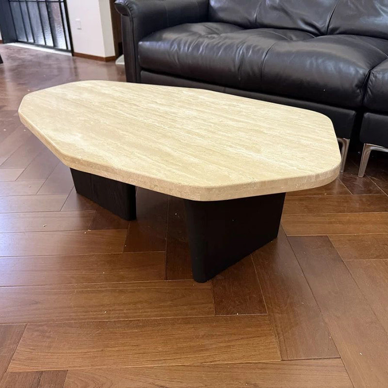 Traditional Japanese Irregular Oval Stone Slab Natural Travertine Solid Wood Coffee Table For Living Room
