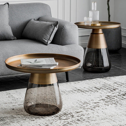 Contemporary Scandinavian Round Drop Metal Glass Coffee Table 1-Tray Storage For Living Room