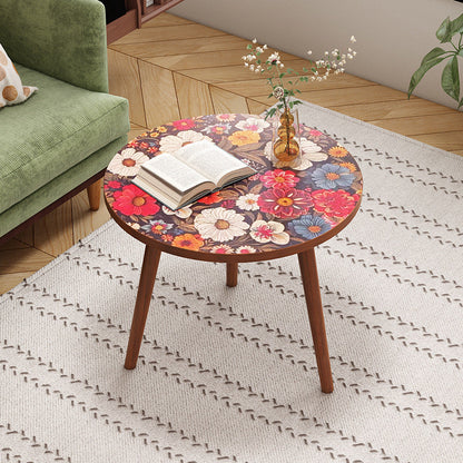Traditional Vintage Round Floral Pattern Solid Wood Coffee Table 3-Legs For Living Room