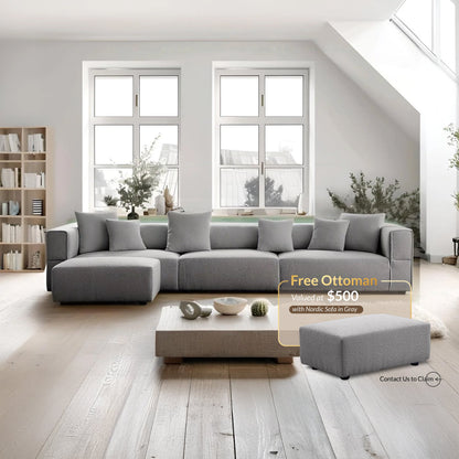 Nordic Modern Gray Sofa with Ottoman-Gray
