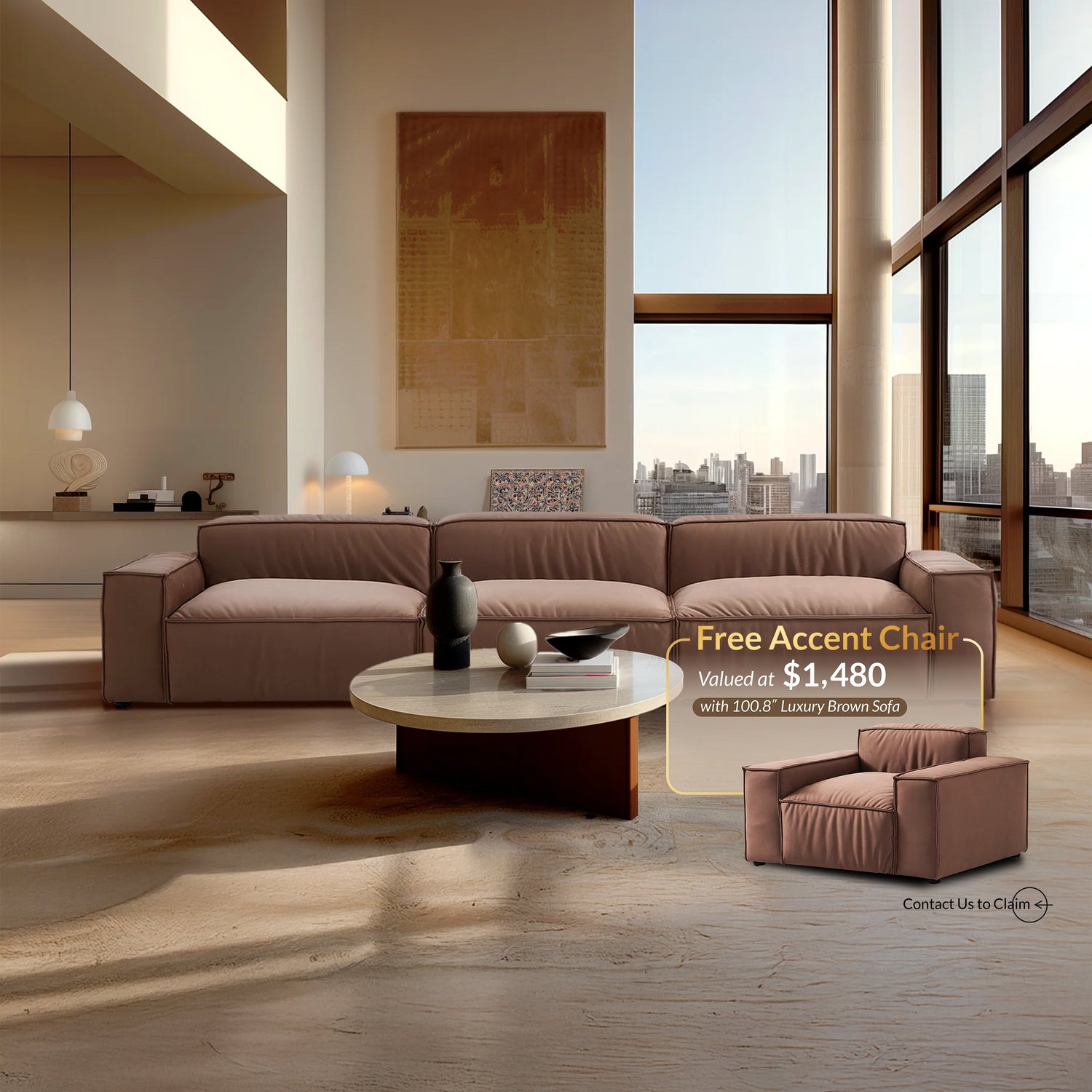 Luxury Minimalist Brown Fabric Sofa-Brown