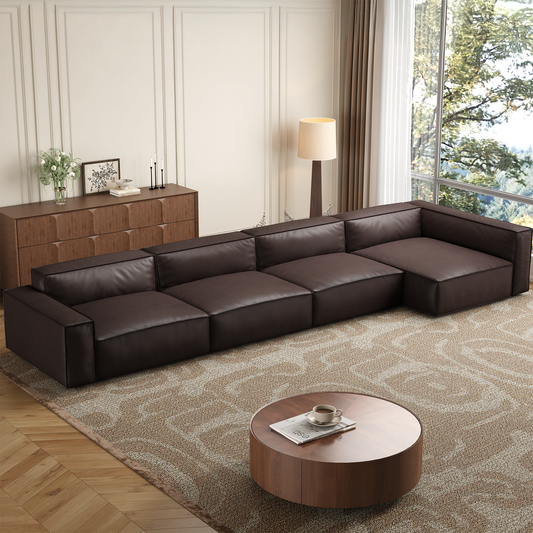 Luxury Minimalist Dark Brown Leather Sectional-Dark Brown