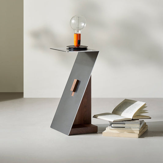 Modern Brushed Stainless Steel Side Table-Walnut
