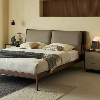 Truffle Cream Leather Bed-Walnut