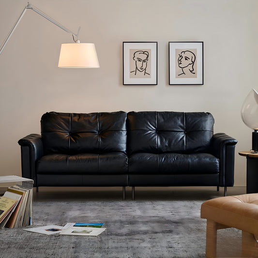 Baroque Tufted Black Leather Sofa-Black