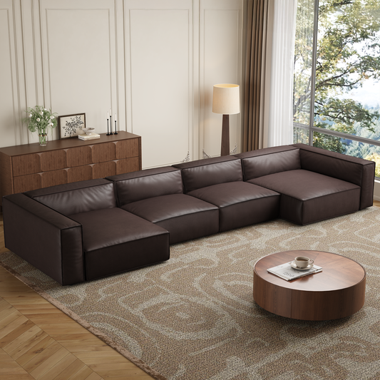 Luxury Minimalist Dark Brown Leather U Shaped Sectional-Dark Brown