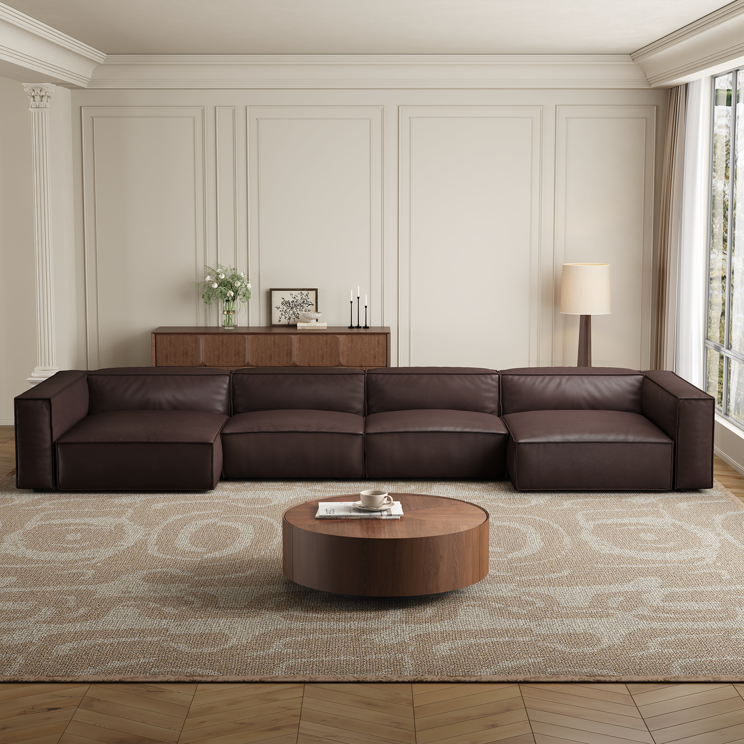 Luxury Minimalist Dark Brown Leather U Shaped Sectional-Dark Brown