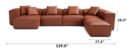 Cube Modular Brown Genuine Leather U-Shaped Sectional with Ottoman