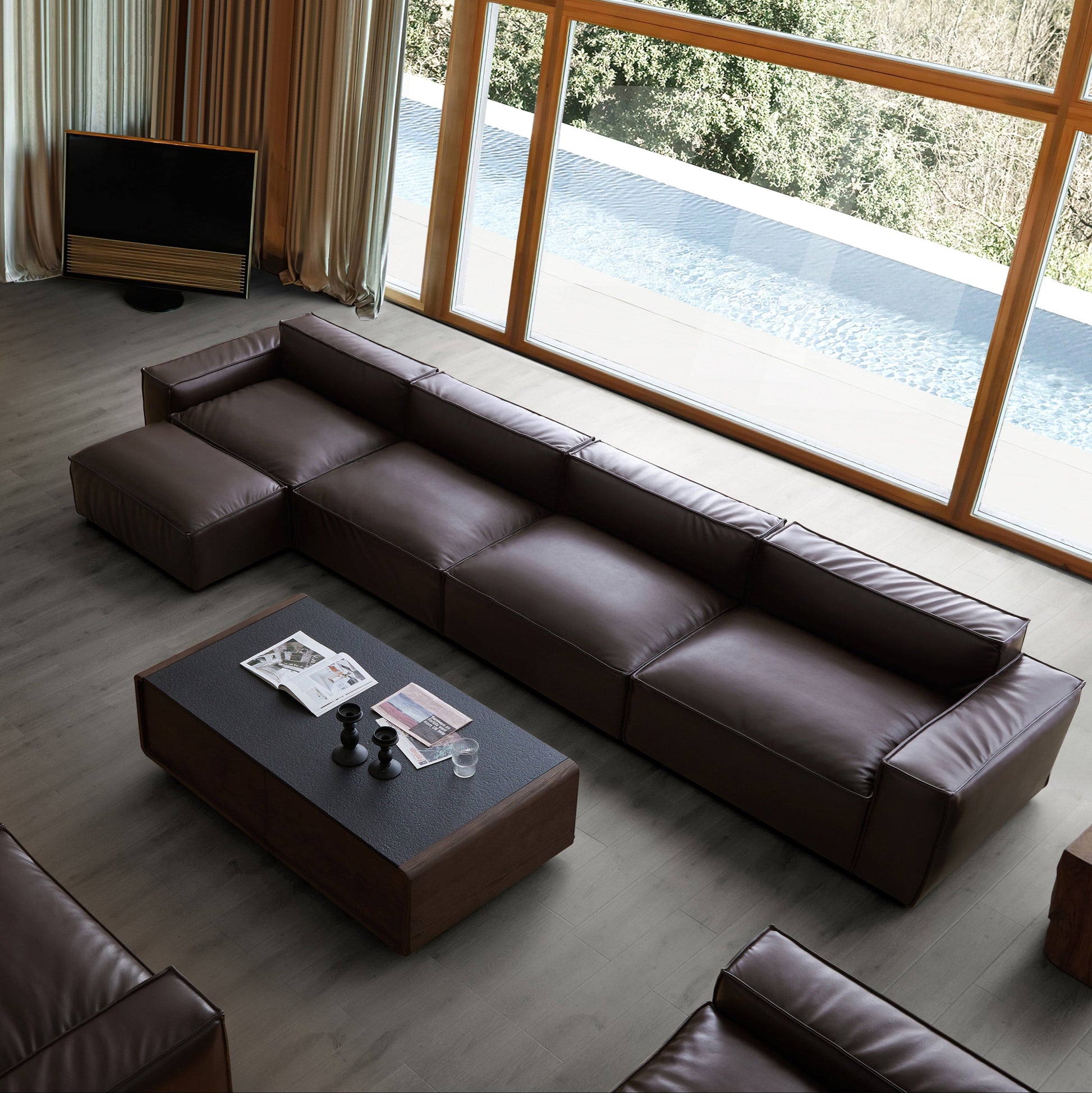 Luxury Minimalist Dark Brown Leather Sofa and Ottoman-Dark Brown