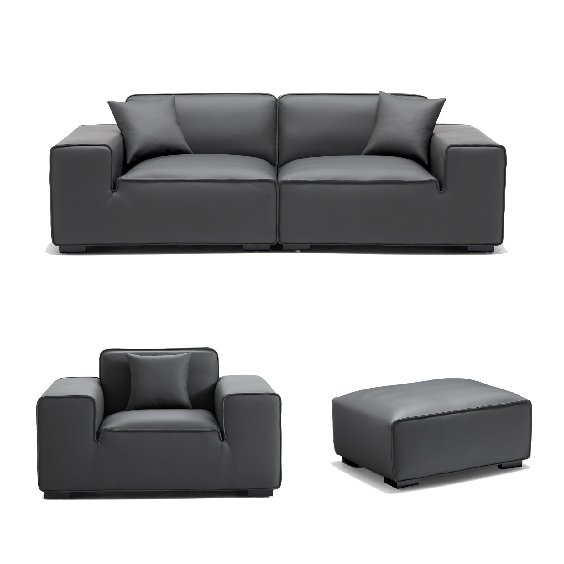 Domus Modular Black Leather Sofa Set-Dark Gray-94.5″