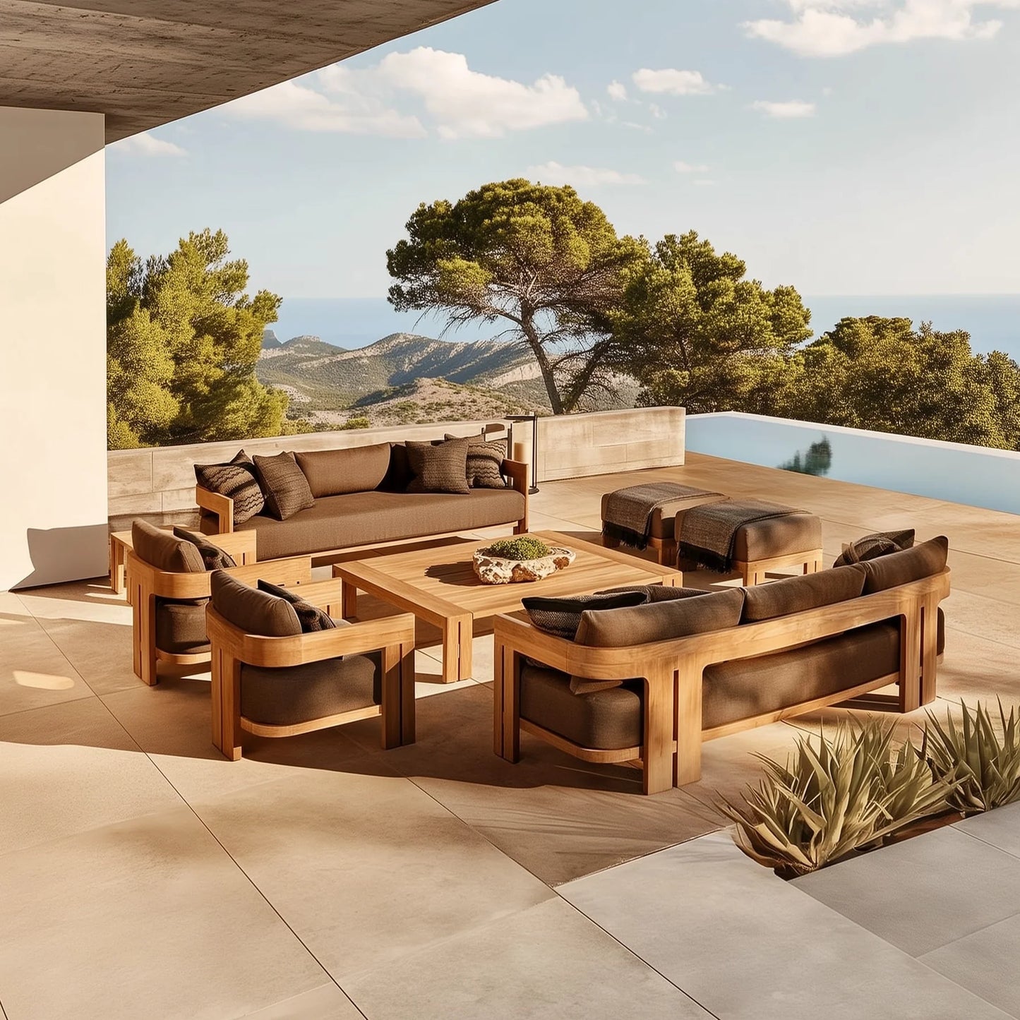 Camryn Outdoor Chat Set With Cushions, Teak/Coffee