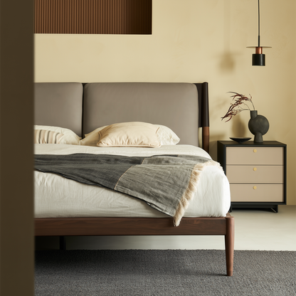 Truffle Cream Leather Bed-Walnut