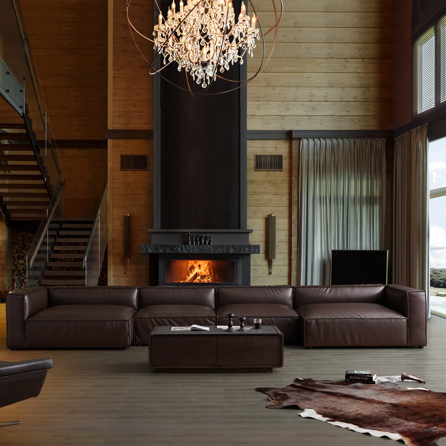 Luxury Minimalist Dark Brown Leather U Shaped Sectional-Dark Brown